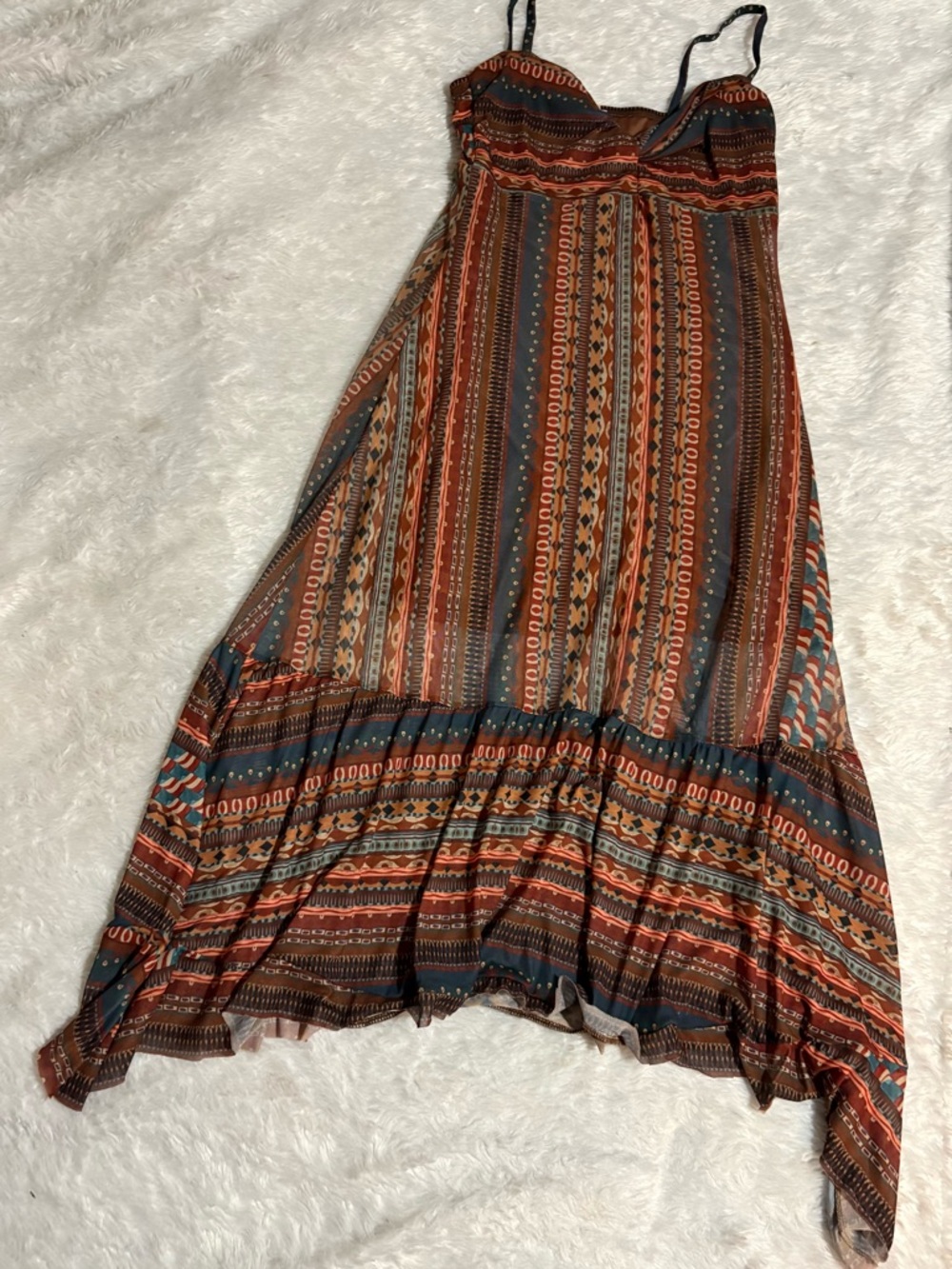 Y2K GARAGE L Boho Brown Stripe Asymmetrical Ruffle Hem Baby Doll
Style Dress